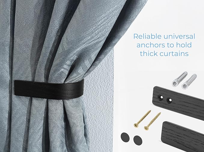 Wood Curtain Holdbacks - Set of 2 Black Modern Farmhouse Holdback for Drapes, Hooks for Walls, Curtains Tiebacks Wall Mount, Wooden Curtain Pullbacks Hook, Drapery Holders, Home Decor