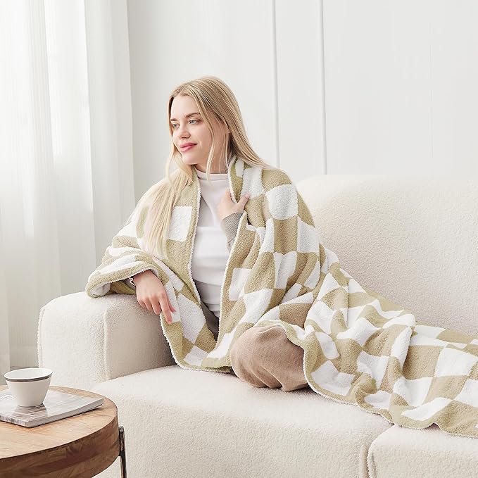 JOOJA Soft Cozy Checkerboard Beige Knit Throw Blanket for Couch Plaid Checkered 60x80 in