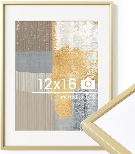 12x16 inch Metal Picture Frame - 12 x 16 Thin Aluminum Photo Frames with 9x12 Removable Mat - High Definition Plexiglass - Vertical and Horizontal Display - Wall Hook Hanging Hardware Included - Gold, Set of 1