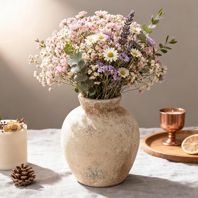 Ceramic Decorative Flower Vase | 6 Inch Pottery Rustic Farmhouse | Boho | Whitewashed Terracotta Vase for Home Decor, Table, Living Room, Bathroom, Shelf, Mantel Decoration, Terra