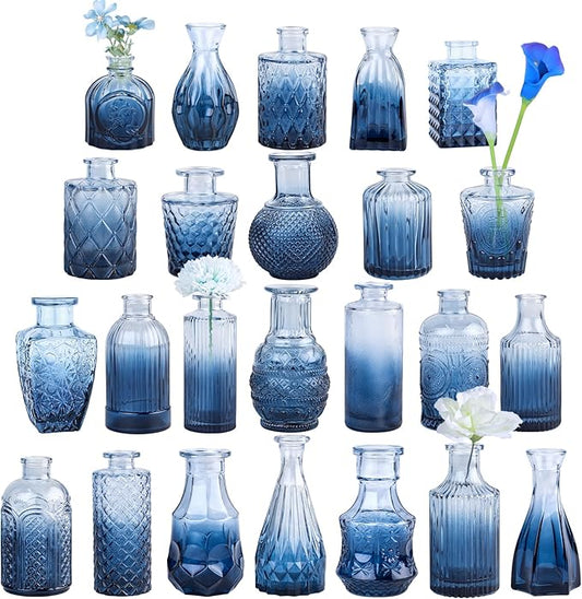 24Pcs Blue Glass Bud Vases Set, Small Vases for Flowers, Perfect for Centerpieces at Parties, Baby Showers, Weddings, Events, Graduation Season, Great Gifts for Office & Home Décor