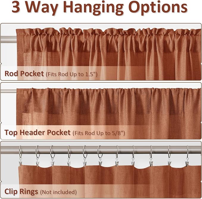 Guken Terracotta Linen Curtains 96 Inch Length for Living Room Bedroom 2 Panels Set Rod Pocket Light Filtering Semi Sheer Window Curtains 52 Inch Width Boho Farmhouse Linen Drapes, W52xL96