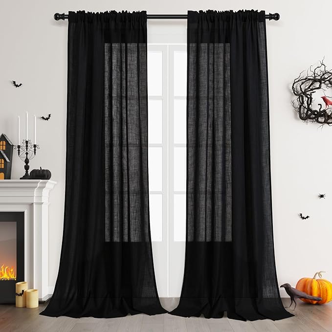 Guken Black Linen Curtains 102 Inch Length for Living Room Bedroom 2 Panels Set Rod Pocket Light Filtering Semi Sheer Window Curtains 52 Inch Width Boho Farmhouse Linen Drapes, W52xL102