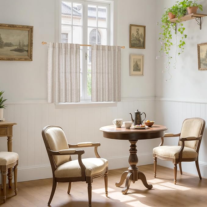 YoungsTex Short Linen Curtains 40 Inch Length for Kitchen Window Over Sink, Semi Sheer Cafe Drapes Light Filtering with Rod Pocket Back Tab for Bathroom, 42 X 40 Inch, 2 Panels