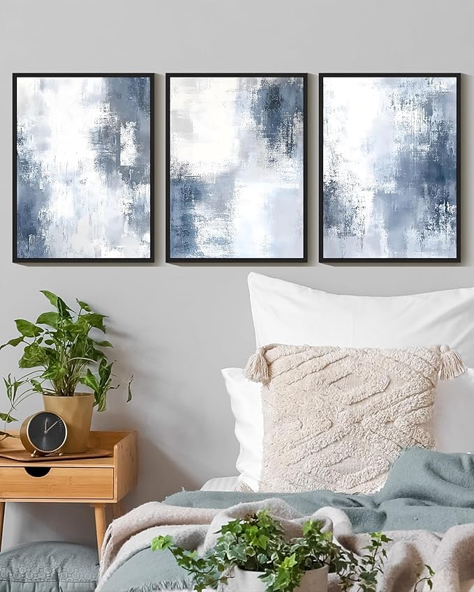 KUVIOKE Navy Blue and Gray Abstract Framed Canvas Wall Art Brush Strokes Block Shape Pastel Wall Decor Modern Minimalist Art Painting Home Decor 12x16in (Black Framed)