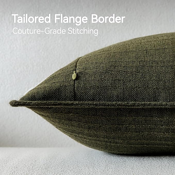 a moment Linen Pillow Covers Set of 2,Boho Farmhouse Throw Pillowcases Neutral Textured Decorative Covers for Couch Sofa Bed, Soft Linen Blend Accent Case Cushion Home Decor 20"x20"Dark Green