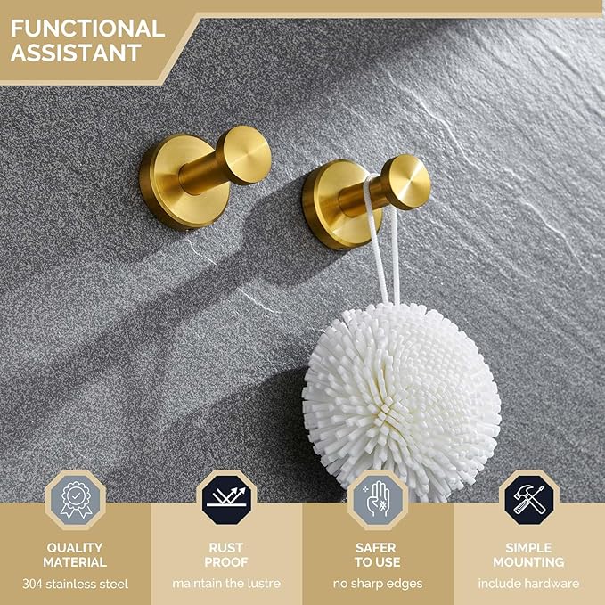 Angle Simple Towel Hooks, SUS 304 Stainless Steel Coat Robe Wall Hooks, Bathroom Hand Towel Hanger, Brushed Gold, 2 Pack