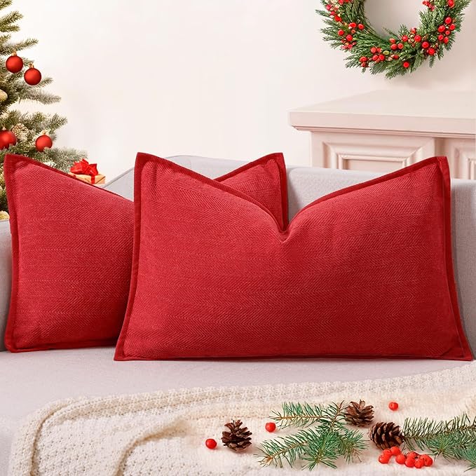 ZWJD Christmas Pillow Covers 12x20 Set of 2 Chenille Throw Red Cushion Covers with Elegant Design Soft and Luxurious Decorative Pillows for Couch, Bed, and Christmas Decor