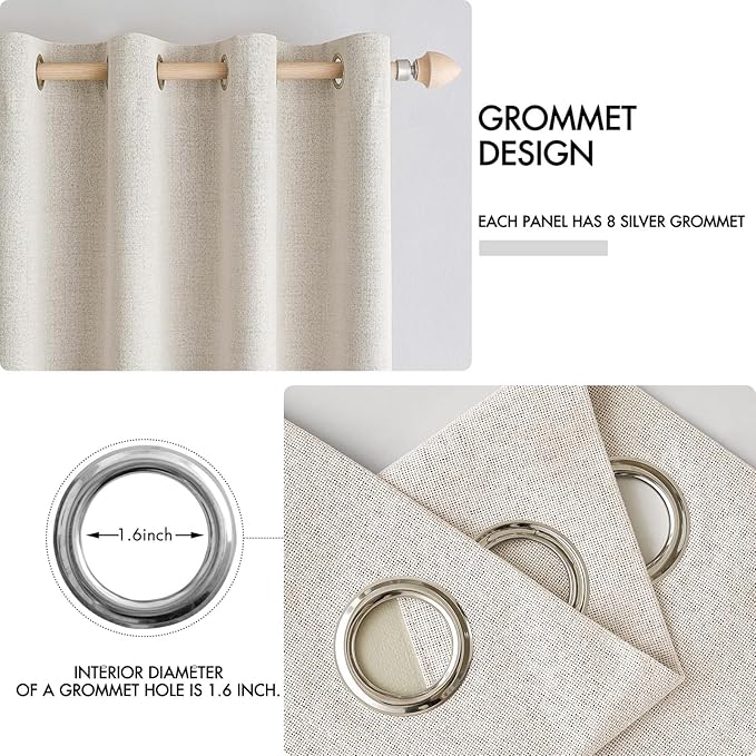 MIULEE 100% Blackout Linen Curtains for Bedroom Thermal Insulated Birch Grommet Room Darkening Curtains & Drapes for Living Room Nursery 52 x 84 Inch (2 Panels)