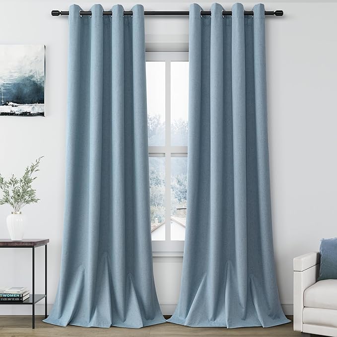 100% Blackout Linen Curtains for Bedroom Thermal Insulated Grommet Complete Blackout Drapes 120 Inch Length 2 Panels Set Heat and Full Light Blocking Living Room Darkening Curtains Blue