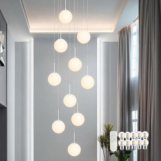 KoKo&Yukina Globe Pendant Light Adjustable Hanging Light Staircase Chandelier Milk Glass Pendant Lights with Milky White Glass Shade Globe Lights for Staircase