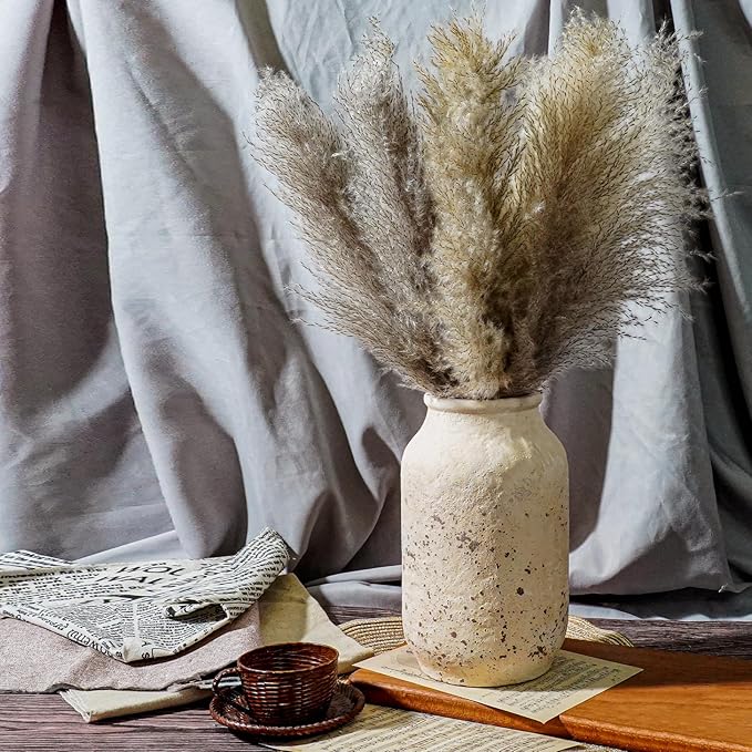 Farmhouse Rustic Vase, 9 Inch White Ceramic Vase for Home Decor Living Room Shelf Office Entryway Table Decor