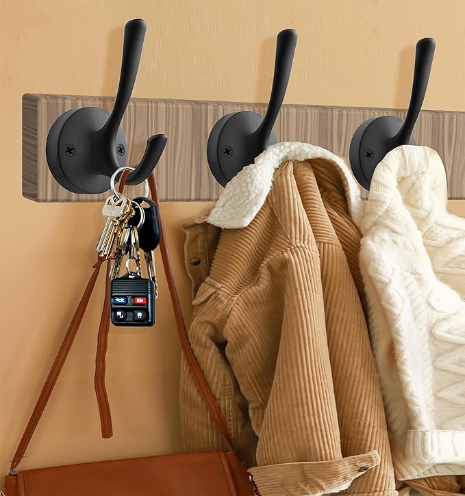 Black Wall Hooks Towel Hooks, 3 Pack Coat Hooks Robe Hook Heavy Duty Metal Double Bath Hook Wall Mounted, Hand Towel Hooks for Entryway Bathroom Kitchen Closet Garage