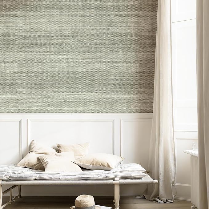 Simon&Siff Green Textured Grasscloth Peel and Stick Wallpaper 17.7"x197" Neutral Faux Grassweave Waterproof Self Adhesive Removable Wallpaper Mural for Home Decor Bedroom Kitchen Cabinet