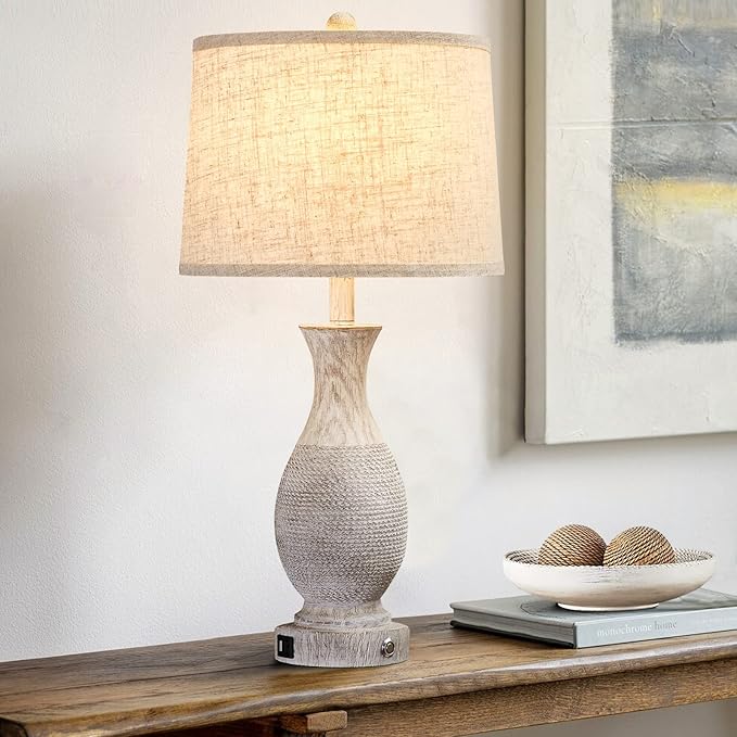 28" Farmhouse Table Lamp for Living Room, Rustic Touch Bedside Table Lamps Set of 2 with USB Charging Ports,3-Way Dimmable Nightstand Lamps for Bedroom,Oatmeal Linen Lampshade,LED Bulbs Included