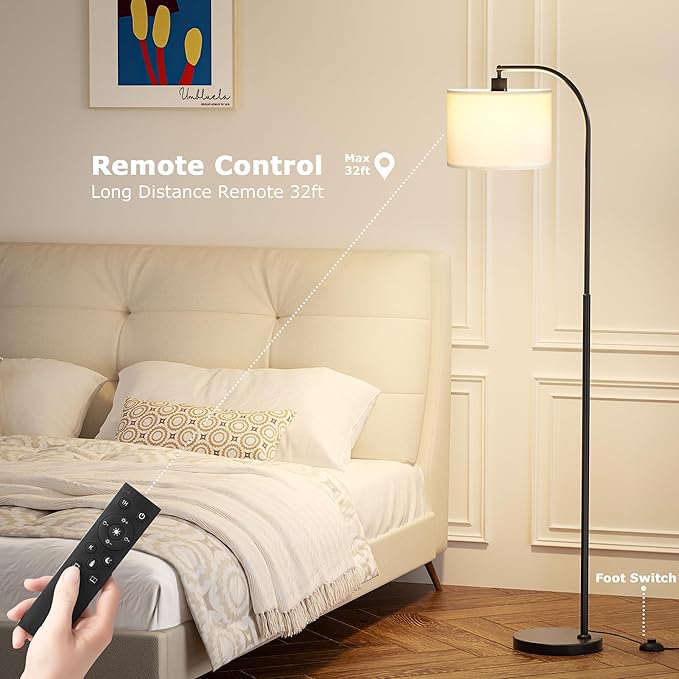Arc Floor Lamp with Remote and Stepless Dimmable Bulb, Colors Temperature & Brightness Adjustable, Floor Lamps for Living Room（White Shade & Black Pole）