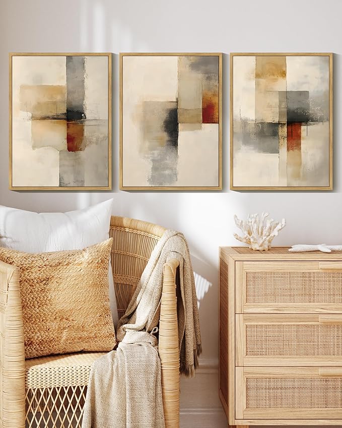 KUVIOKE Framed Abstract Wall Art Minimalist Beige Gray Red Pastel Watercolor Wall Decor Modern Neutral Art Print Home Decor 12x16in (Natural Framed)