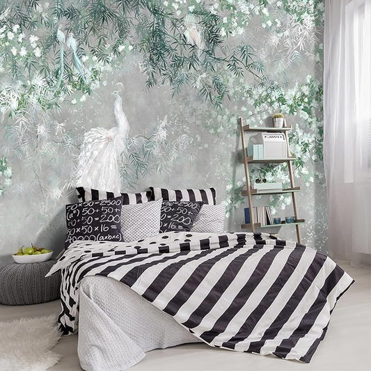 -Green Leaf Botanical Peacock Fabric Wallpaper Wallpaper Living Room Bedroom Bathroom Grey Plant Large Wall Mural- 137"x96"（ not Peel and Stick）