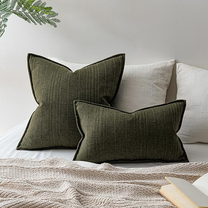 a moment Linen Pillow Covers Set of 2,Boho Farmhouse Throw Pillowcases Neutral Textured Decorative Covers for Couch Sofa,Soft Linen Blend Accent Case Cushion Living Room Home Decor 24"x24"Dark Green