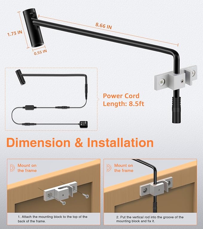 Plug in Picture Light LED Art Light 3000K Picture Lights with Remote Dimmiable Picture Frame Light Art Lights for Pictures on Wall CRI 90 Picture Light for Wall Artwork Display Portrait, 2 Pack
