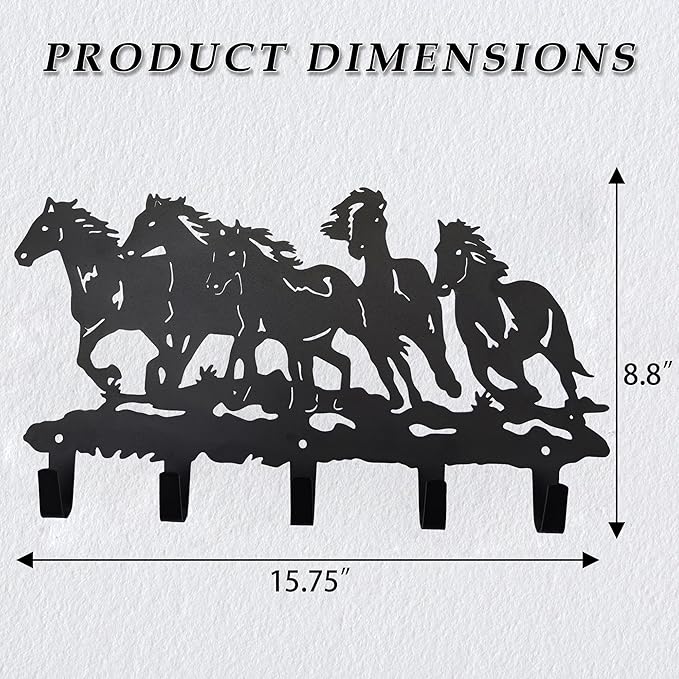 Metal Horse Coat Hooks Wall Art Decor-Horse Hangers and Key Holder-Clothes Rack and Backpack Hanger-Coat Hooks Home Decor for Storage, Living Room, Hallway, Office (Black)