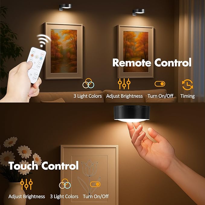 6Pcs Picture Lights for Wall Battery Operated, Magnetic Led Painting Light with Remote Dimmable and Timer, 3 Lighting Modes Art Display Light for Picture Frame, Wireless Wall Decor Puck Lights, Black