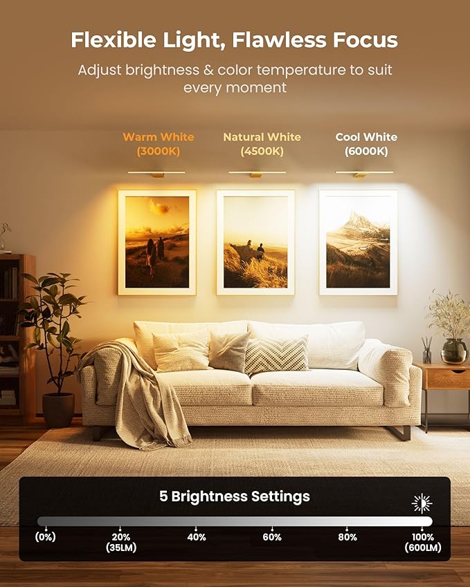 Rechargeable 12000mAh Picture Light for Wall with Remote, 3 Color Temps, Dimmable, Timer, for Gallery Poster Frame Painting Photo Art Display (Gold, 1 Pack)