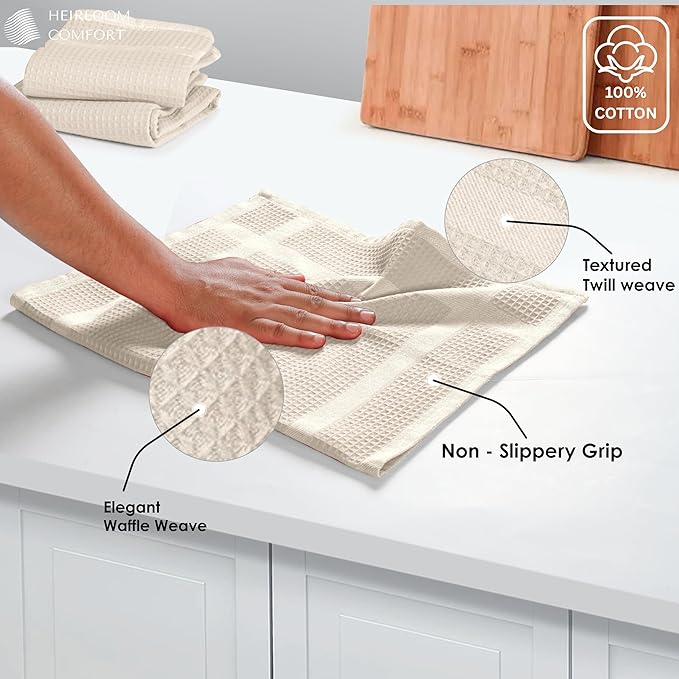 5 Pack Ivory Waffle Weave Kitchen Towels, 16"x26", 100% Cotton, Super Absorbent, Fast Dry, Durable Dishcloth Set for Cleaning, Drying Dishes, Hand Towels, Machine Washable, Cream