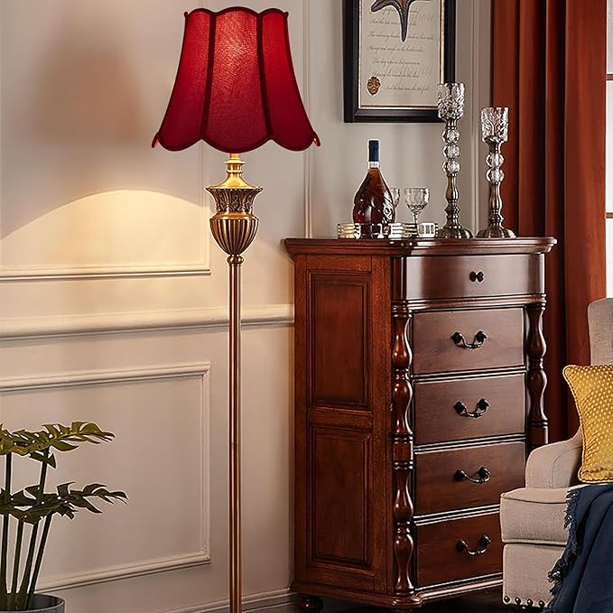 GOSO 13" Medium Burgundy Scalloped Lamp Shades Art Deco, Red Wavy Floral Petal Edge,8" ×13" ×11" Spider for Table Lamp, Floor Lamps Replacement, Faux Silk Lampshade,Easy Assembly(Set of 2)