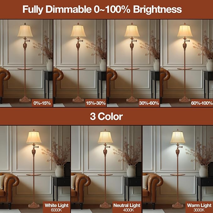 Traditional LED Floor Lamp with 350° Adjustable Swing Arm Lamp – Vintage Standing Pole lamp for Living Room, Bedroom and Office – Rustic Upright Floor Light for Home Décor with Silk Fabric Shade
