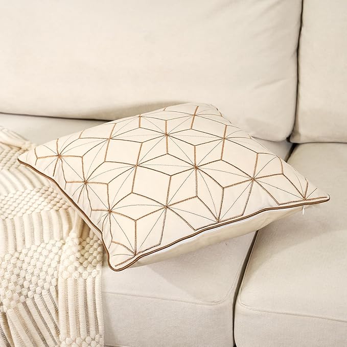 Aeckself White Gold Plaid Geometric Throw Pillow Cover 18x18 Inch, Soft Velvet Embroidery Modern Square Decorative Pillow Cover with Stitched Edge for Couch Living Room Bedroom