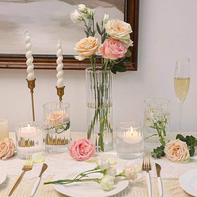 ComSaf Glass Cylinder Vases Pack of 12, Clear Ribbed Bud Vases for Centerpieces Weeding Decoration, 4 inch 6 Inch 10 Inch Tall Clear Flower Vases in Bulk, Hurricane Candle Holder for Party Home Decor