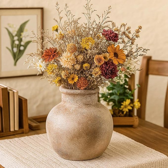 Ceramic Rustic Farmhouse Vase | 6 Inch Pottery Decorative Flower for Home Decor | Boho Vase | Terracotta for Table, Living Room, Bathroom Decoration, Shelf Decor, Mantel, Terra