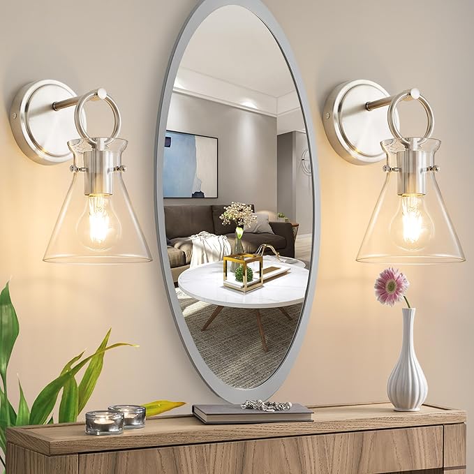 Wall Sconces 2 Pack Modern Vanity Light Fixtures for Bathroom Nickel Wall Mount Lighting Lamp Hardwired Farmhouse Wall Lights with 6 Inch Clear Glass Shade for Bedroom Living Room Mirror