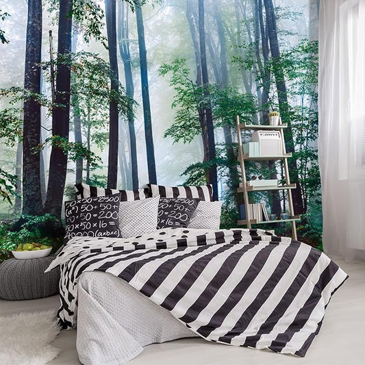 -Green Forest Landscapes Woodland Tree Fabric Wallpaper Living Room Bedroom Bathroom Jungle Wall Mural- 160"x108"（ not Peel and Stick）