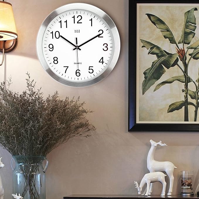 HITO 12 Inch Silent Wall Clock Battery Operated Non Ticking Glass Cover Silver Aluminum Frame, for Kitchen, Bedroom, Home Office, Living Room Decor