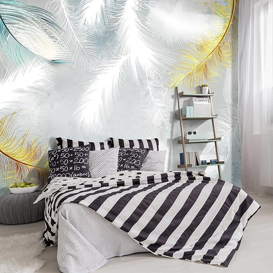 -Gold Modern Feather Fabric Wallpaper Living Room Bedroom Bathroom Large Wall Mural- 137"x96"（ not Peel and Stick）