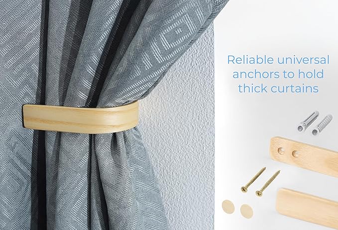 Wood Curtain Holdbacks - Set of 2 Modern Farmhouse Holdback for Drapes, Hooks for Walls, Curtains Tiebacks Wall Mount, Wooden Curtain Pullbacks Hook, Drapery Holders, Home Decor