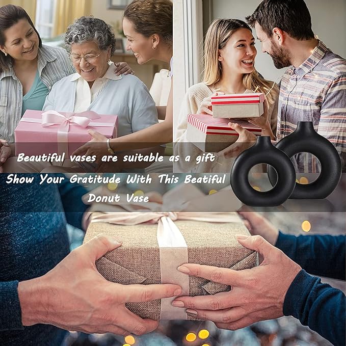 Black Ceramic Vases Set of 2, Modern Design for Home Decor,Black Style for Pampas Grass Matte Ceramic Vase for Farmhouse Living Room Kitchen Bedroom Mantle Coffee Dining Table Decoration