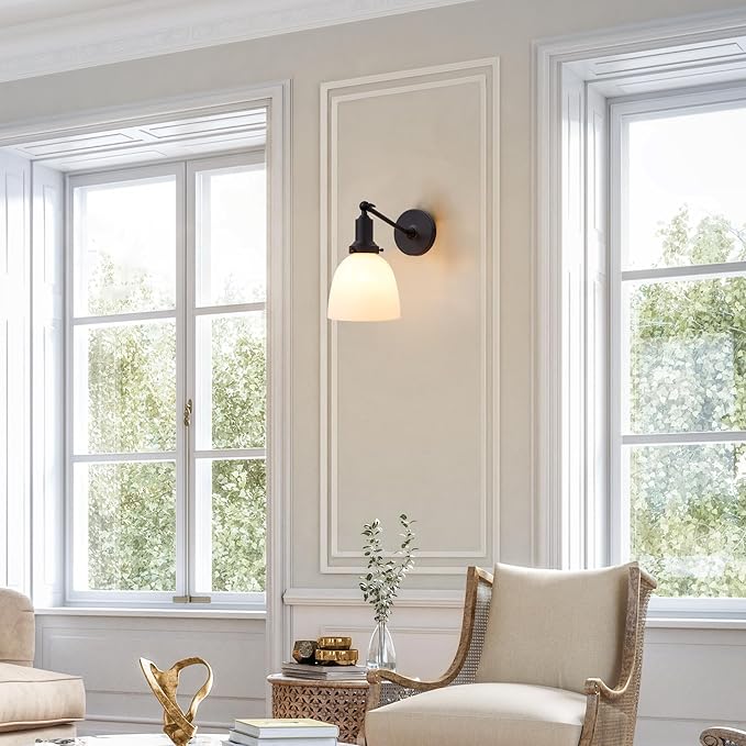 PERMO Industrial Sconces Vintage Slope Pole Wall Mount Single Sconce with 6.7" Oval Dome Milk White Glass Shade Wall Light Fixture for Livingroom Bedroom