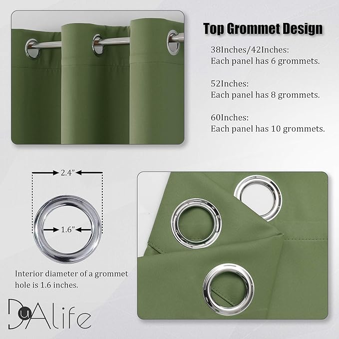 DUALIFE Sage Green Blackout Curtains 52 x 96 Inch Long Set of 2 Panels for Bedroom Thermal Insulated Grommet Room Darkening Window Curtain Drapes for Living Room