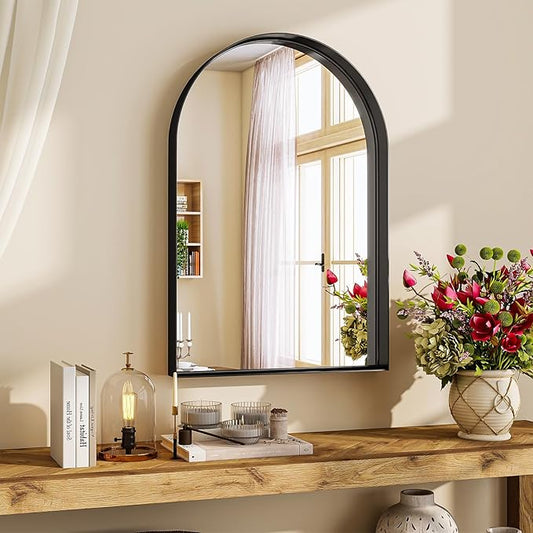 20" x 30" Luxury Arched Bathroom Mirror - Arch Wall Mirror with Shatterproof Tempered Glass and Metal Deep Frame, Hanging or Leaning for Living Room, Dresser, Entrance and Hallway, Black