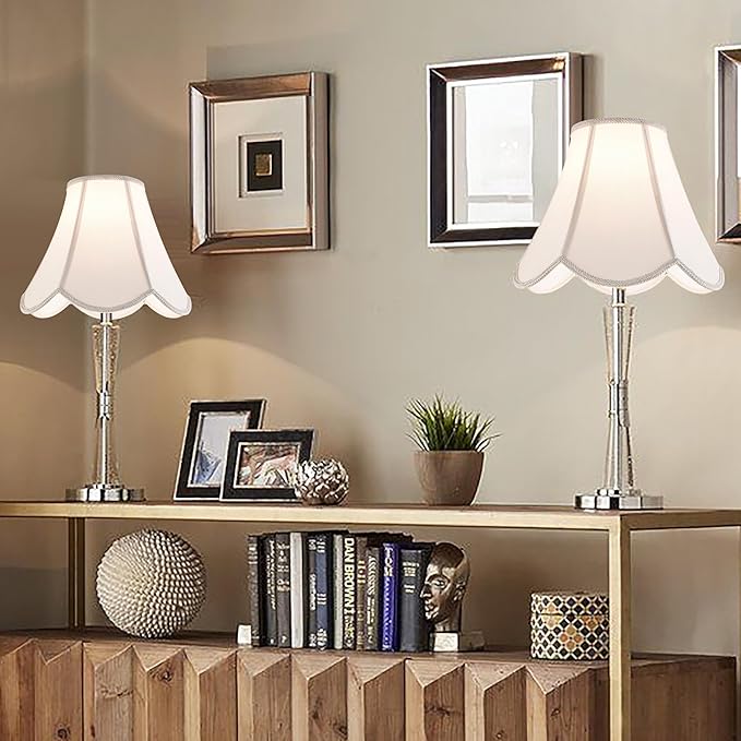 GO&SO 2 Pcs Barrel Lamp Shades Yellowish Beige Lamp Shade 6x13x10.6"(Spider) Bell Lamp Shade for Floor Lamps&Table Lamp,Scalloped Lampshade Modern Petal Edge Braid,Faux Silk Fabric,Easy Assembly