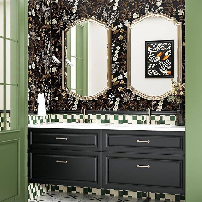 Vintage Wallpaper Peel and Stick Black Floral Wall Paper 17.4" x 118" Black Gold Contact Paper Self-Adhesive Wall Covering for Bedroom Desk Cabinet Decor