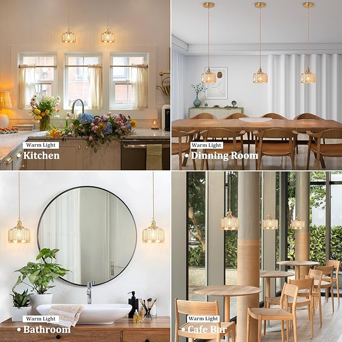 Pendant Light 2 Pack with Amber Striped Glass Lmapshade, Brass Vintage Pendant Light Adjustable Hanging Light for Kitchen Island Dining Room Hallway
