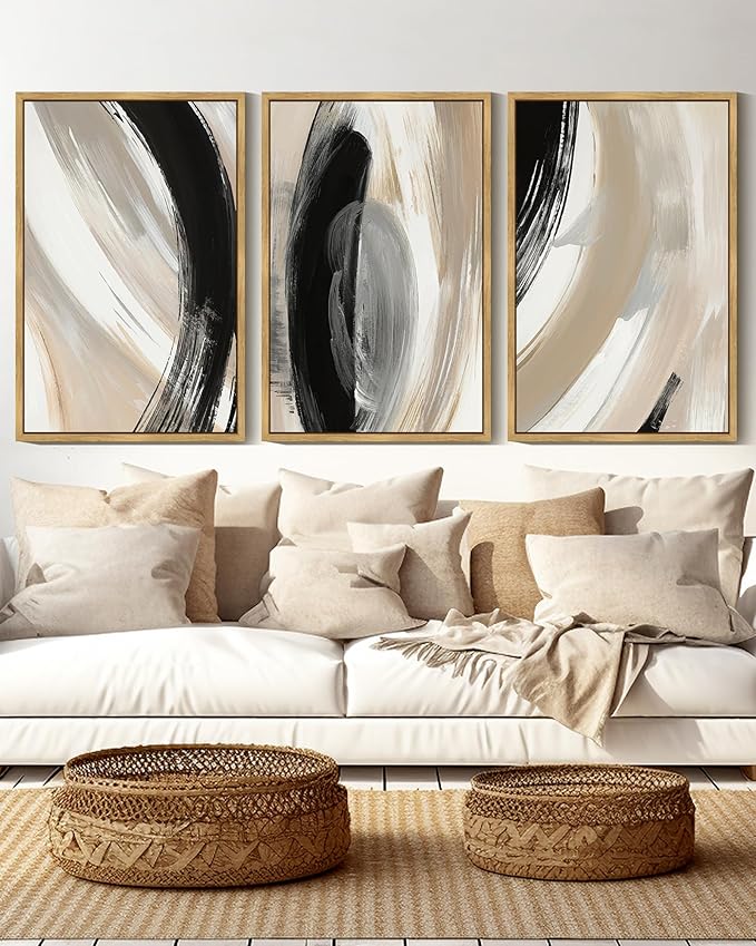 KUVIOKE Modern Abstract Framed Wall Art Black Neutral Minimalist Ink and Wash Graffiti Pastel Wall Decor for Bedroom Living Room 16x24in (Natural Framed)