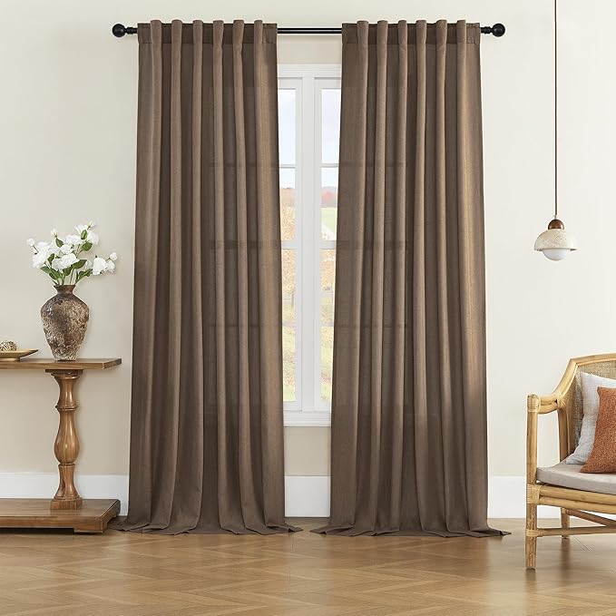 Natural Linen Blended Curtains - Back Tab Window Treatments Panels Drapes for Living Room/Bedroom, Light Filtering Semi Sheer (Set of 2, 50" x 84", Brown)