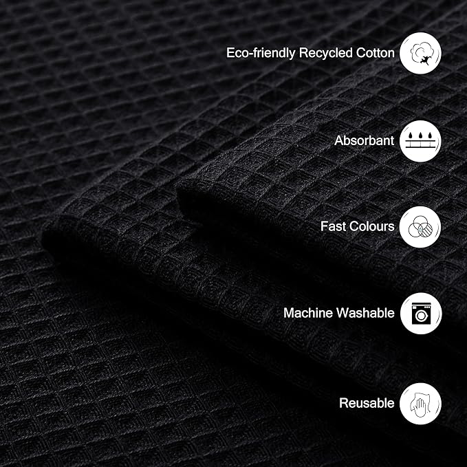 Encasa XO' Waffle Weave Face & Hand Towels – 12"x12", Black Washcloths Set of 12 – Quick Drying for Bathroom, Gym, Kitchen & Travel – Small Reusable Dish Cloths & Face Wipes for Everyday Use