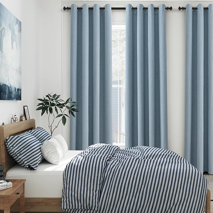 Grommet Blue Blackout Linen Curtains 84 inches Long for Bedroom Full Light Blocking Thermal Insulated Black Out Curtain Panels 84 Inch Length Energy Saving Room Darkening Curtain White Backing 52x84