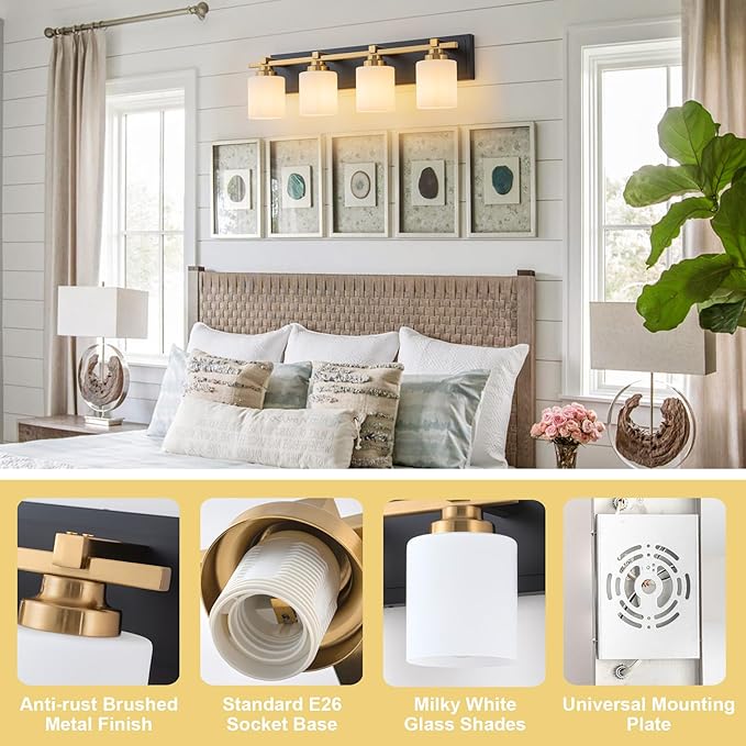 4 Light Modern Bathroom Light Fixtures Over Mirror, Black Gold Vanity Lights for Bathroom Wall Sconces with Milky White Glass Shades, E26 Socket (Bulbs Not Included)